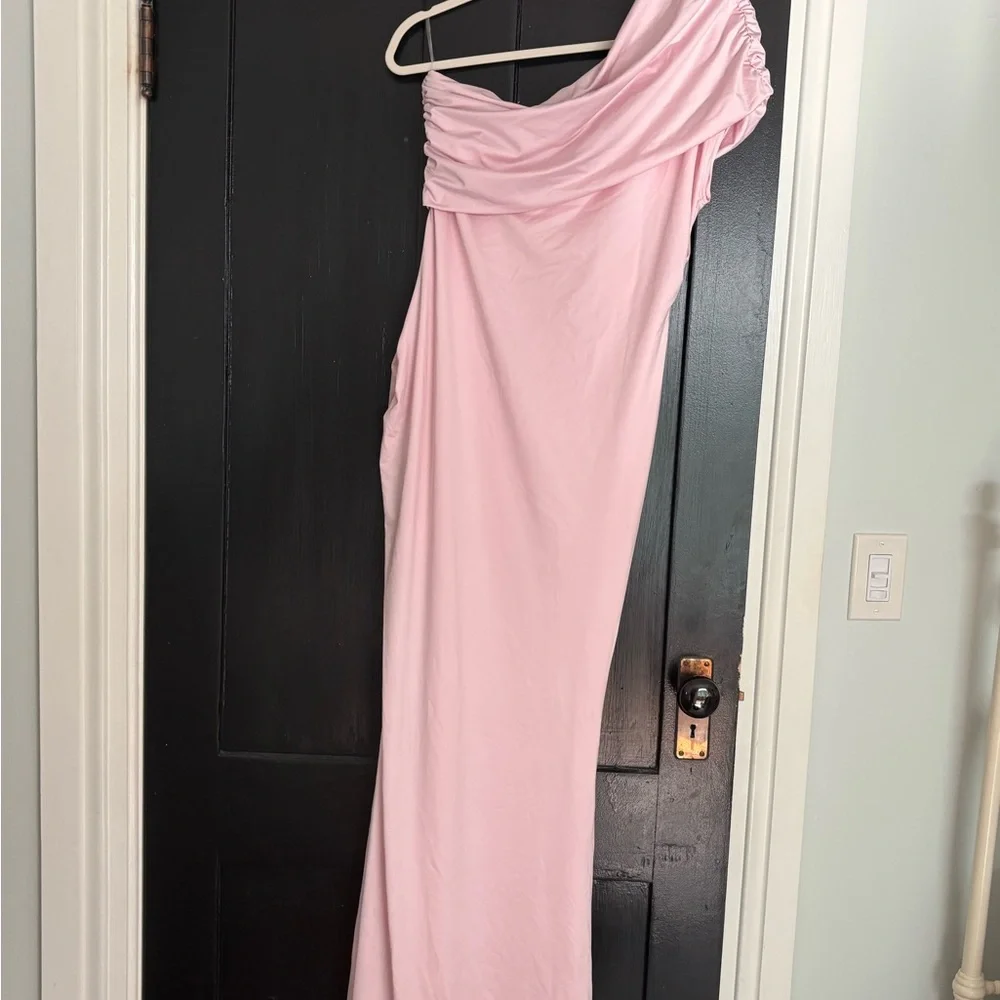 Peppermayo Pink Asymmetrical Ruched Gown - Picture 1 of 4